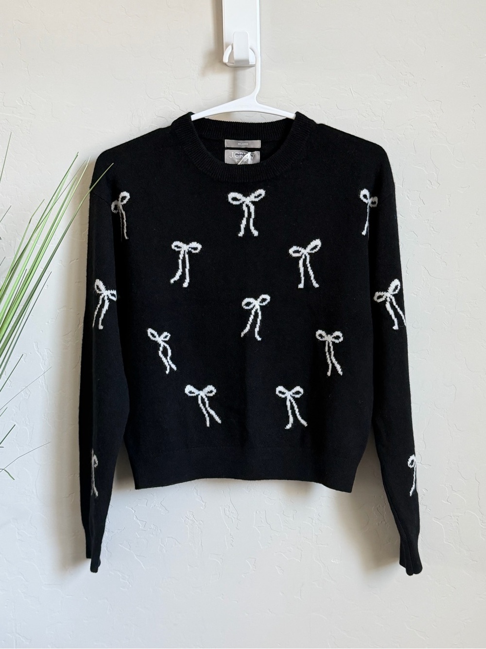 J.Crew Collection 100% Cashmere Bow Sweater Black White Ribbon Print